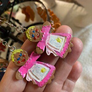 Gingerbread woman Handpainted and crafted, clay dangle earrings
